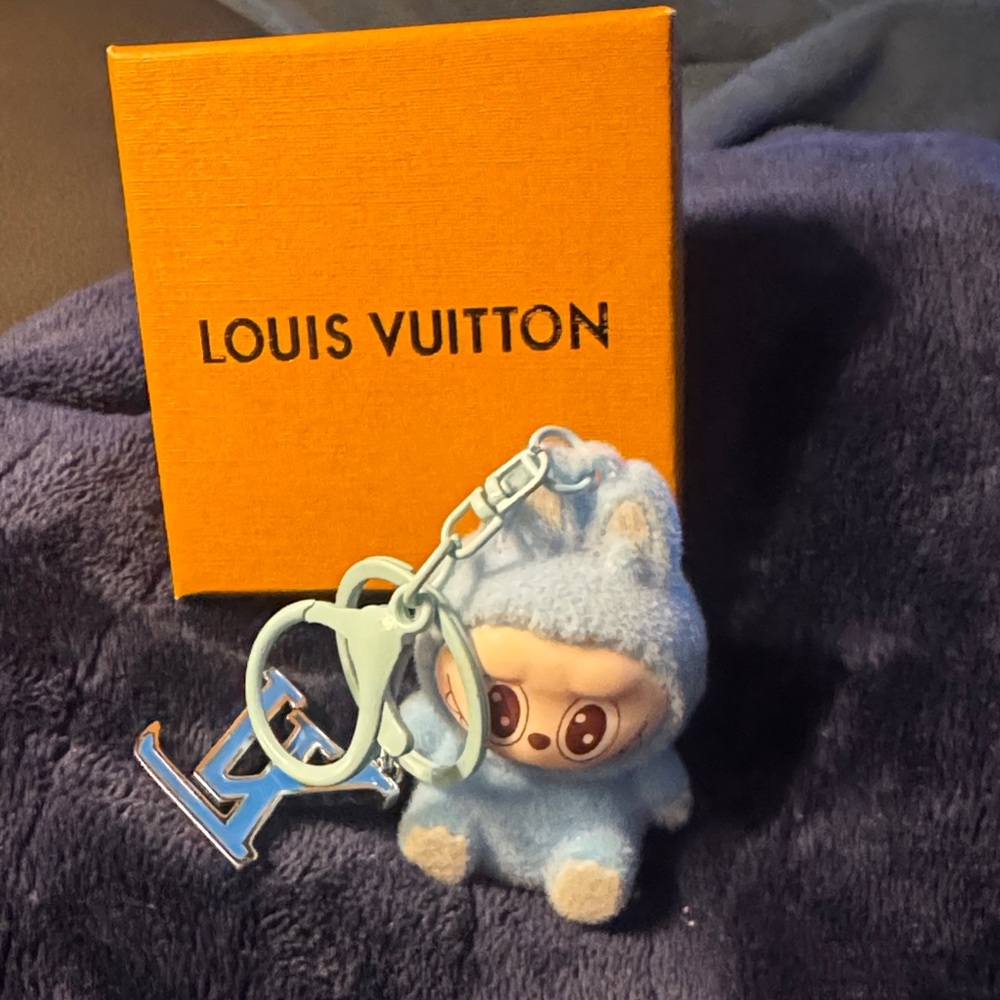 Light Blue Labubu Bag Charm with LV keychain
